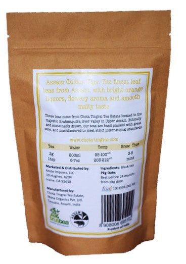 Assam Golden Tips package back - direct from Chota Tingrai Tea Estate