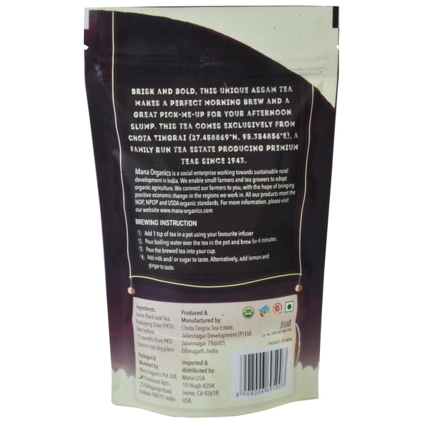 Mana Organics Loose Leaf Tippy Golden Flower Orange Pekoe tea package BACK