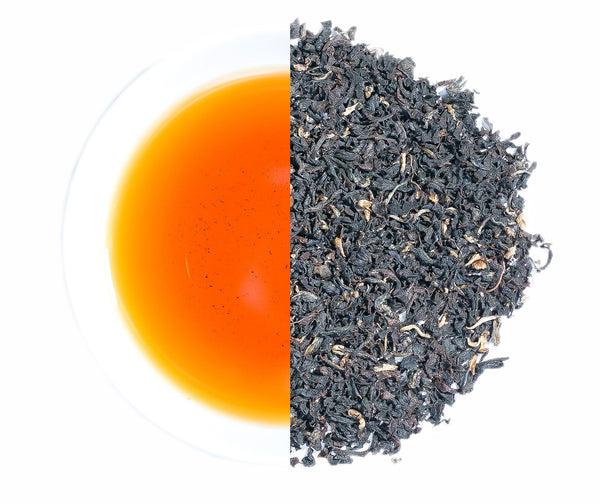 Mana Organics Loose Leaf Tippy Golden Flower Orange Pekoe tea with its liquors as half circles