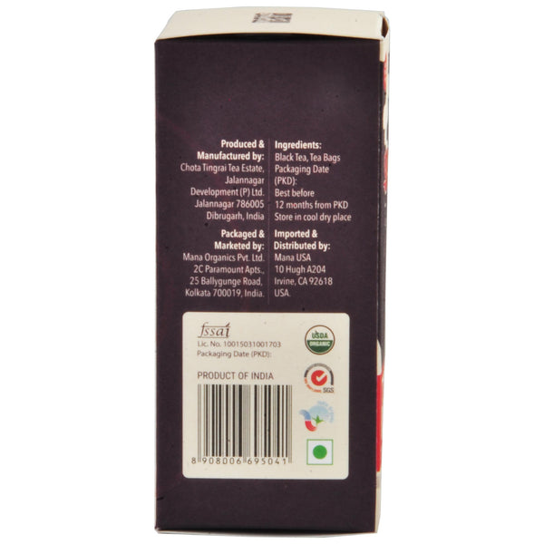 Mana Organics Organic Black Tea Bags Box side panel with barcode