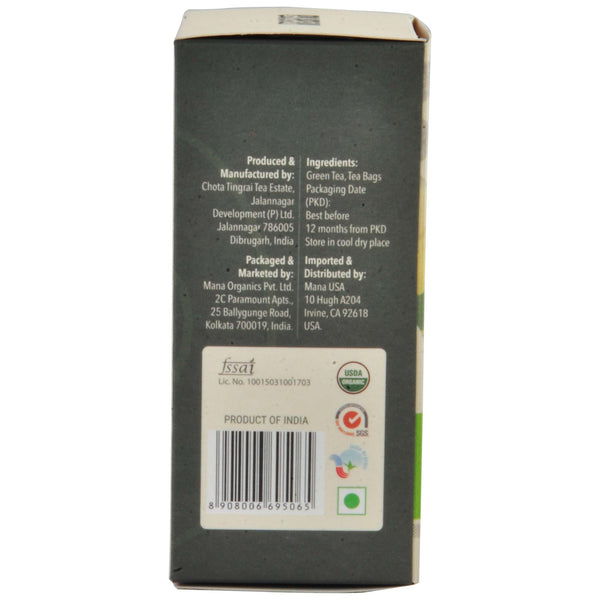 Mana Organics Organic Green Tea Bags Side Panel with Barcode