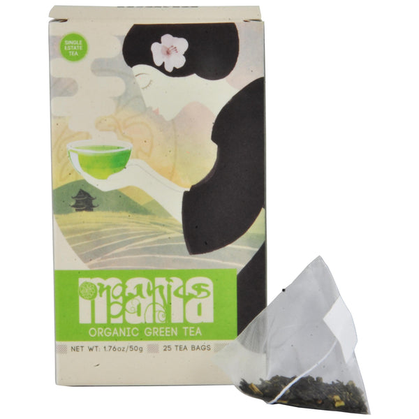 Mana Organics Organic Green Tea Bags Box with pyramid tea bag