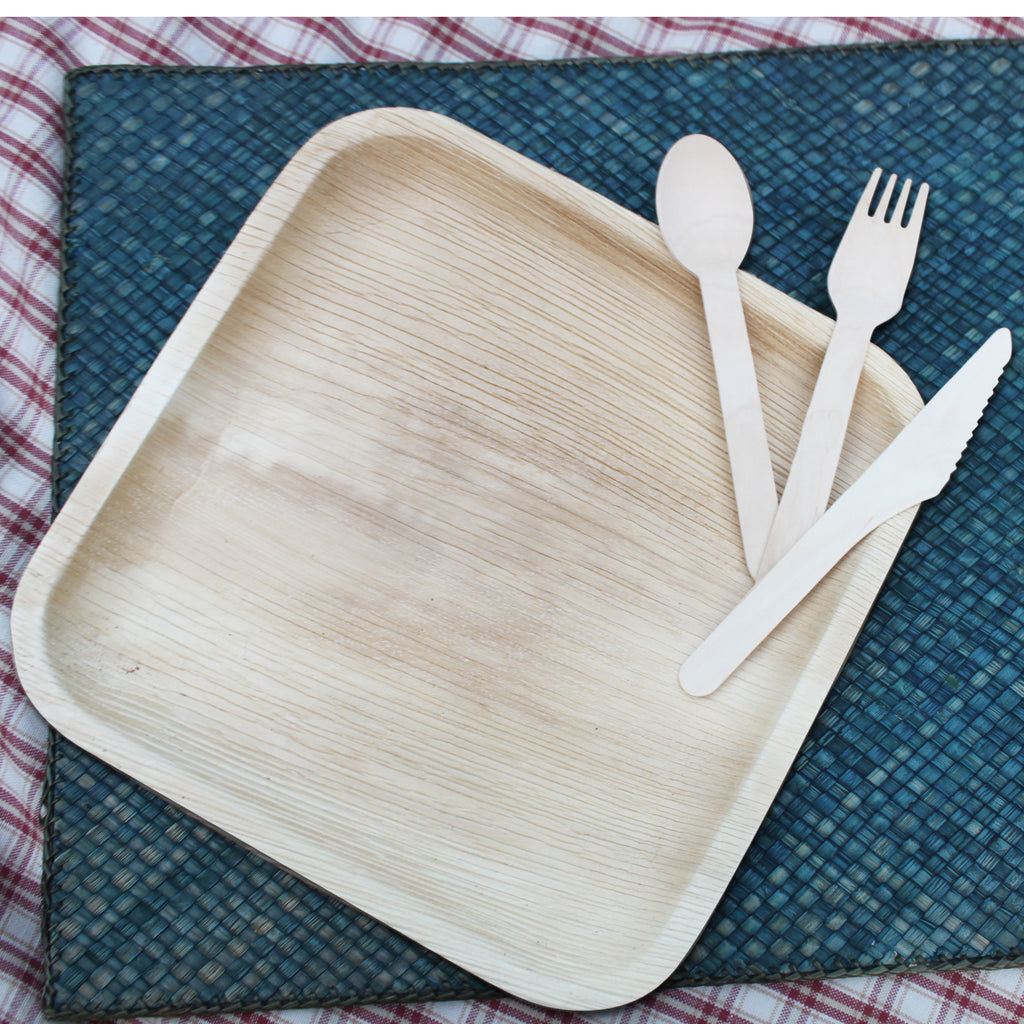 Compostable Disposable Plates, Forks, Knives and Spoons - 10 inch palm leaf plates, biodegradable wooden utensils - 25 Eco-friendly sets